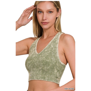 Zenana Ribbed Padded V-Neck Ash Olive Brami NWT